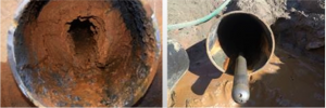 Before and after images of ductile iron in raw water main